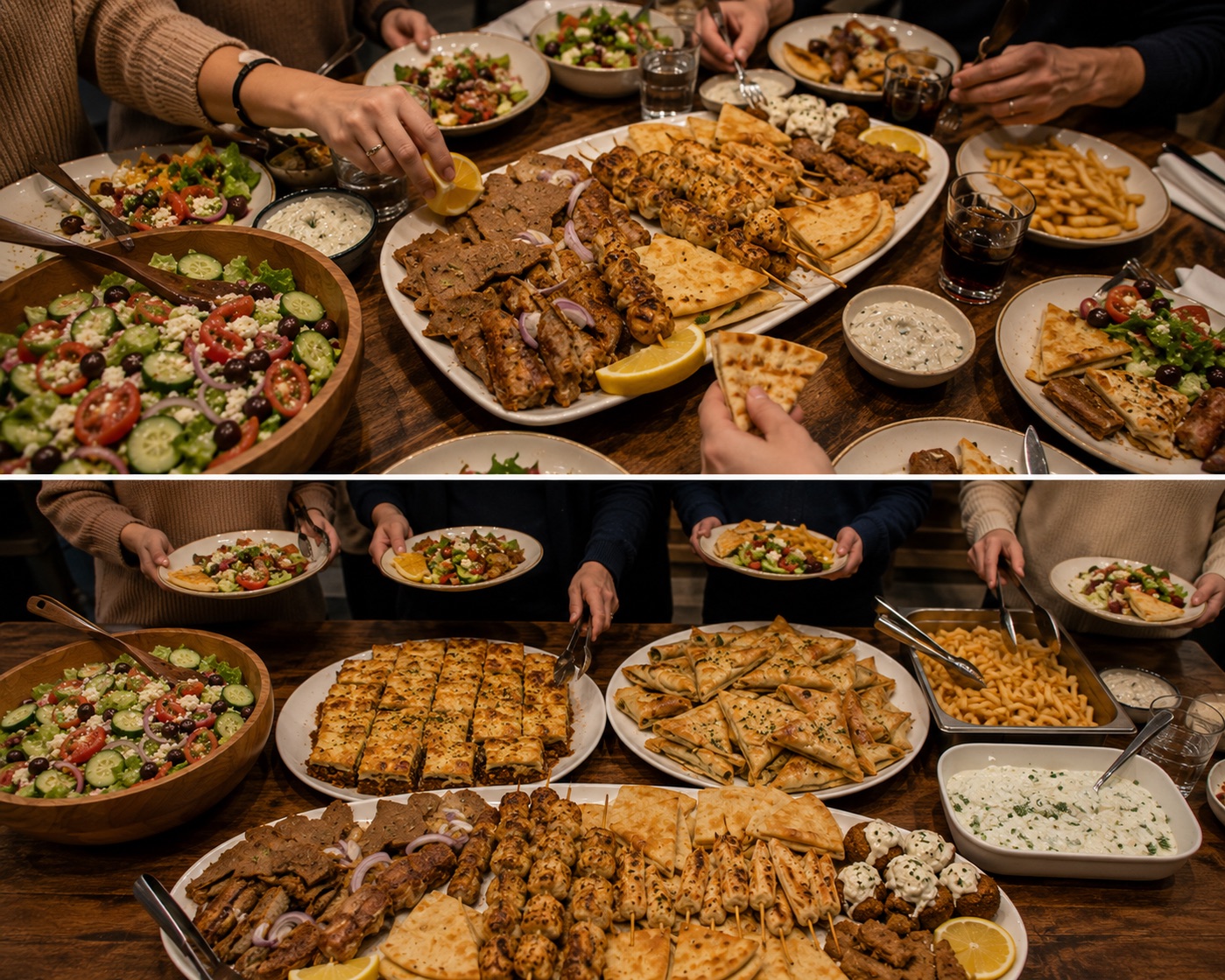 A family-style spread of Greek platters shared around a table
