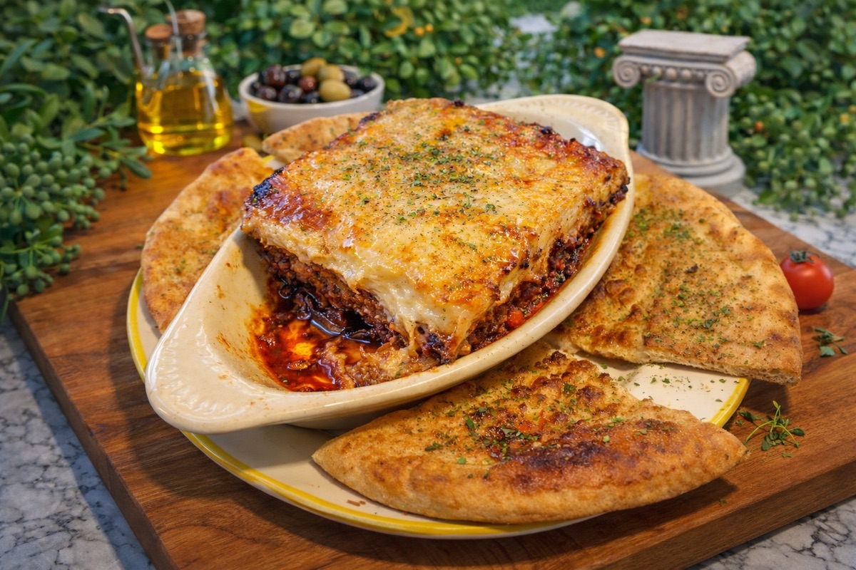 Moussaka — layered eggplant and spiced beef topped with bechamel, served with pita